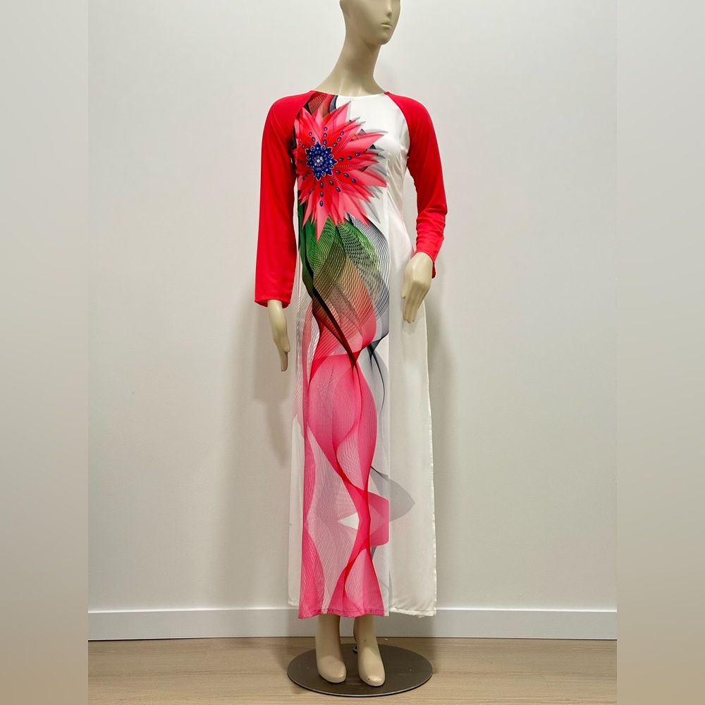 Pink Long Sleeve Áo Dài with Bold Floral Design